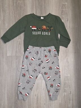 Green 'Squad Goals' Holiday Top with Grey Reindeer Pajama Pants